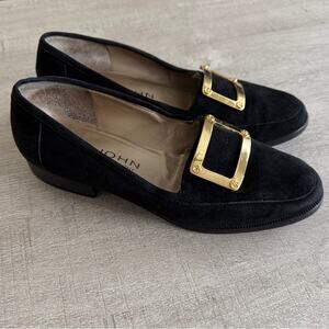 St. John Suede Leather Gold Hardware Flats Loafers Black Size 6.5